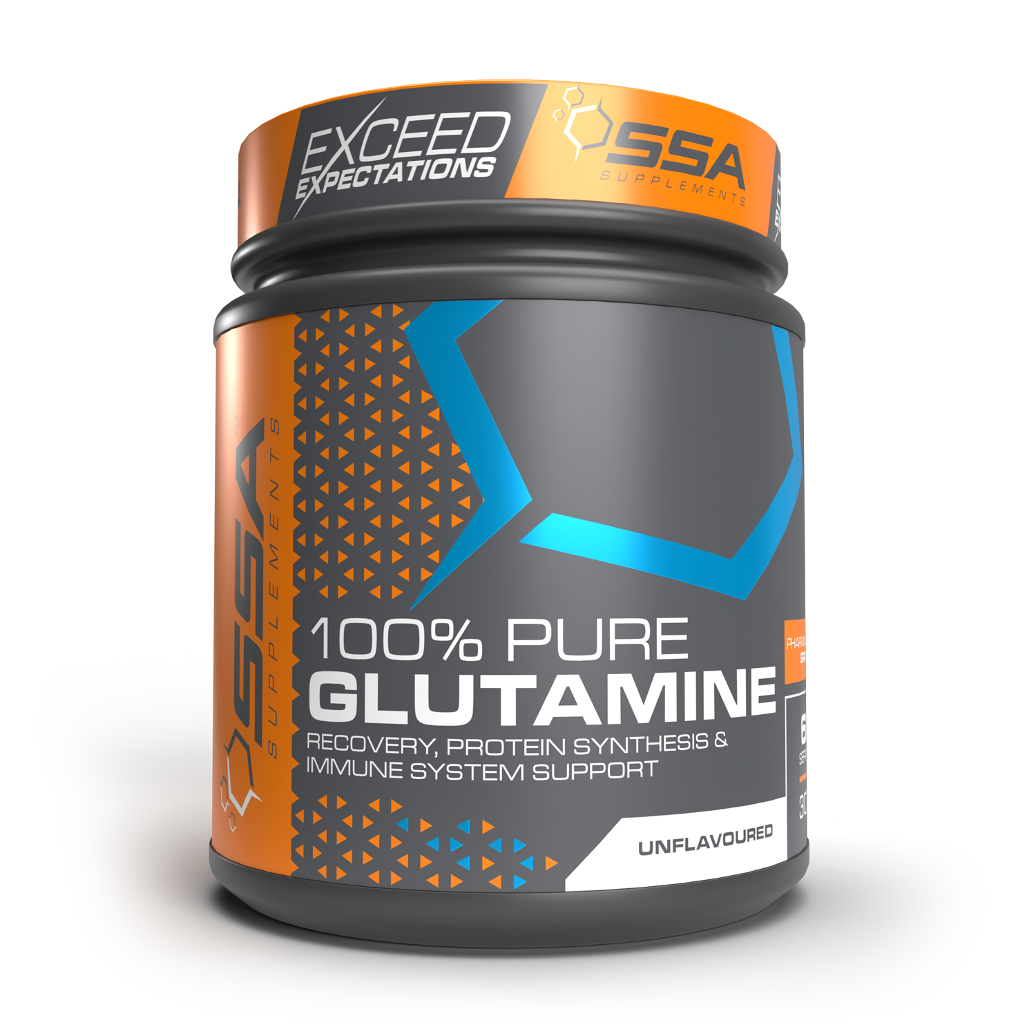A container of SSA 100% Pure Glutamine, with brand logo and product information on the label.